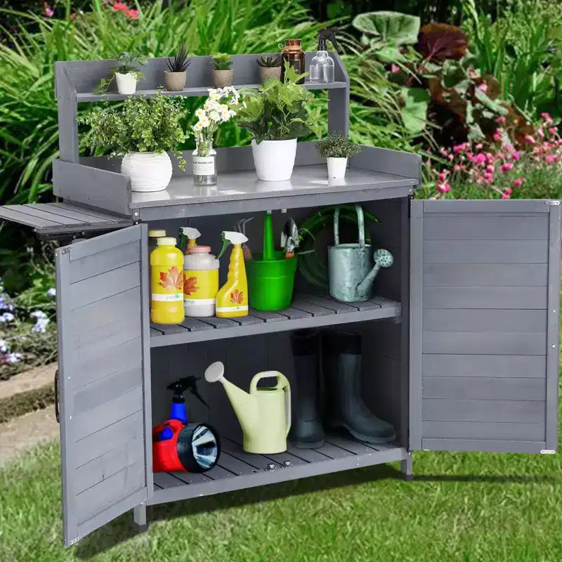 Outdoor Potting Bench with Foldable Shelf, Storage Cabinet & Durable Galvanized Metal Worktop for Garden, Patio, or Backyard