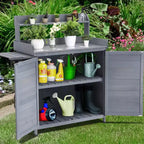 Outdoor Potting Bench with Foldable Shelf, Storage Cabinet & Durable Galvanized Metal Worktop for Garden, Patio, or Backyard