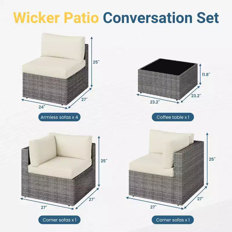 Outdoor 7-Piece Patio Furniture Set, Wicker Patio Conversation Sets with Cushions and Coffee Table, Outdoor Modular Sectional Sofa