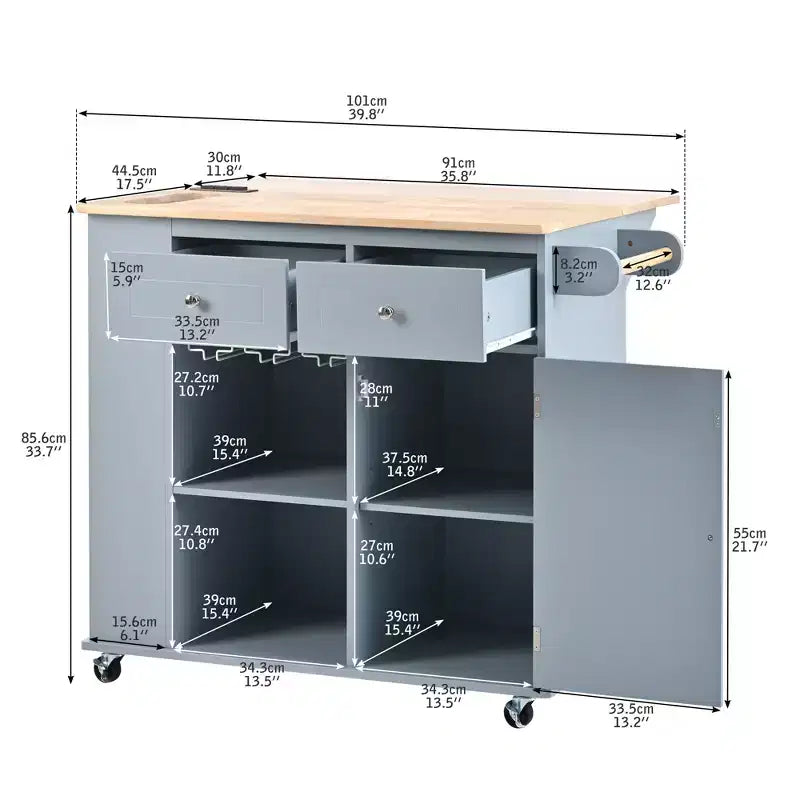 Movable Kitchen Island with Power Outlet, Drop Leaf and Rubber Wood Top