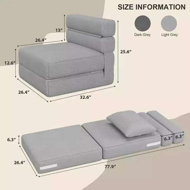 Folding Sofa Bed Chair with Pillow  Convertible Futon with Memory Foam & Removable Linen Cover for Lounge or Guest Room