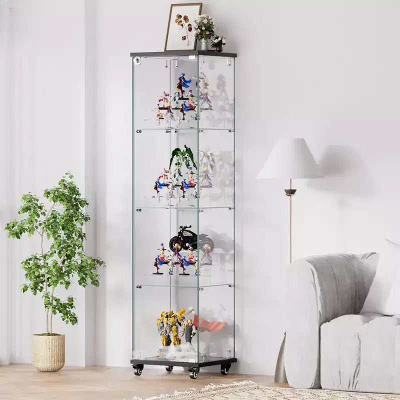 Okak Display Cabinet with Glass Door and Acrylic Shelves, Storage Cabinet with Lock and Wheels, Cabinet for Living Room, Bedroom