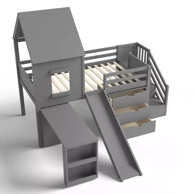Letto a soppalco singolo con 3 cassetti e scala contenitore, struttura a casetta in legno con scivolo e scrivania rimovibile