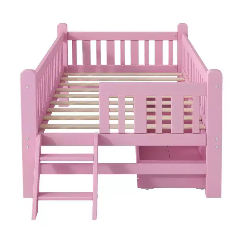 Whisen Twin Size Wood Platform Bed with Guardrail and 2 Drawers
