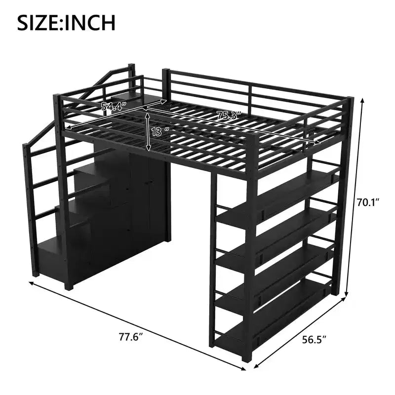 Queen Size Metal Loft Bed with Storage Shelves, Cabinets and Wardrobe