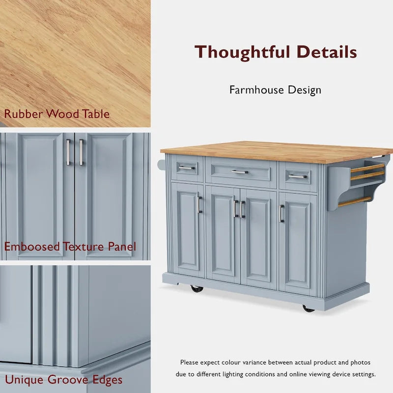 54  Large Kitchen Island with Rubber Wood Drop Leaf, Embossed Texture Rolling Kitchen Cart on 4 Wheels with 4 Doors & 3 Drawers
