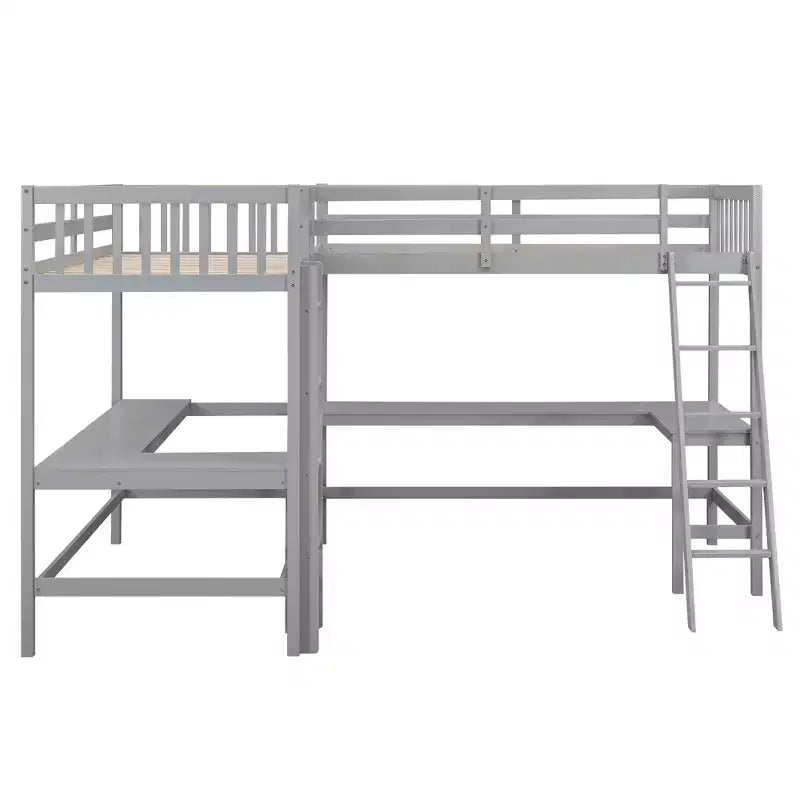 119''L 79.5''W Wood Twin Size L-Shaped Loft Bed with Ladder and 2 Built-in L-Shaped Desks