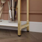 White Nail Table with Built-in Dust Extractor, Tempered Glass Display, Gold Handles Nail Salon Station Makeup Vanity Makeup Table