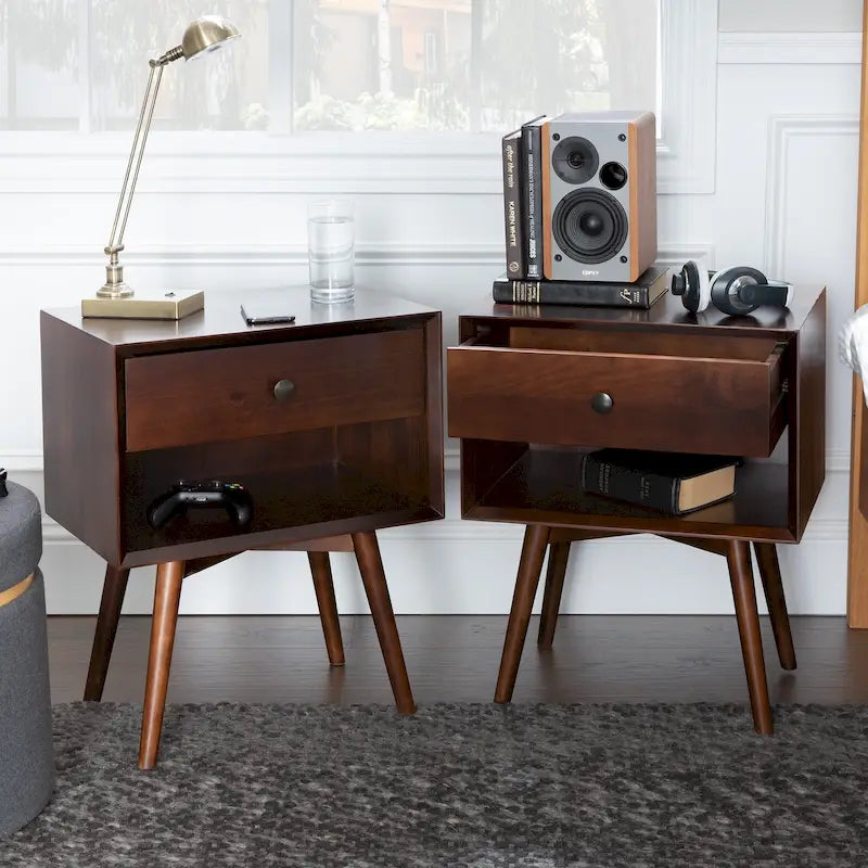 Lot de 2 tables de chevet en bois massif de style Mid-Century avec 1 tiroir