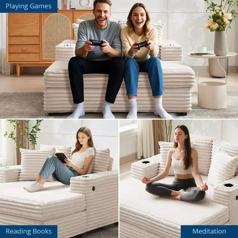 Canapé 3 places en velours côtelé avec porte-gobelets et ports de charge