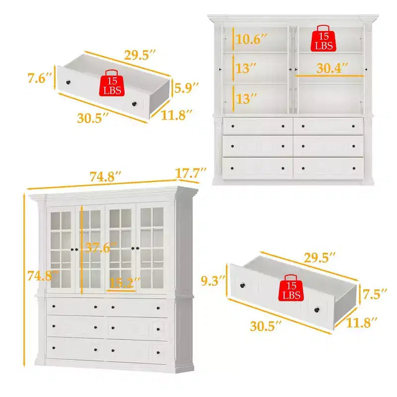 Grand buffet vaisselier blanc avec portes vitrées, bahut de rangement pour cuisine, salon, étagères à livres