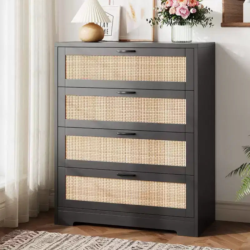Zstar Modern Tall Rattan 4 Drawer Dresser or Living Room, Hallway, Entryway, Bedroom
