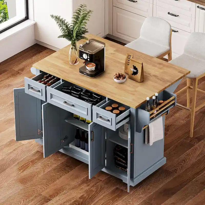 54  Large Kitchen Island with Rubber Wood Drop Leaf, Embossed Texture Rolling Kitchen Cart on 4 Wheels with 4 Doors & 3 Drawers