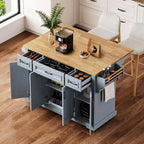 54  Large Kitchen Island with Rubber Wood Drop Leaf, Embossed Texture Rolling Kitchen Cart on 4 Wheels with 4 Doors & 3 Drawers