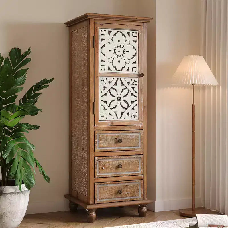 GDFStudio Brielle Rustic Tall Storage Cabinet with Floral Cutout Door and Drawers