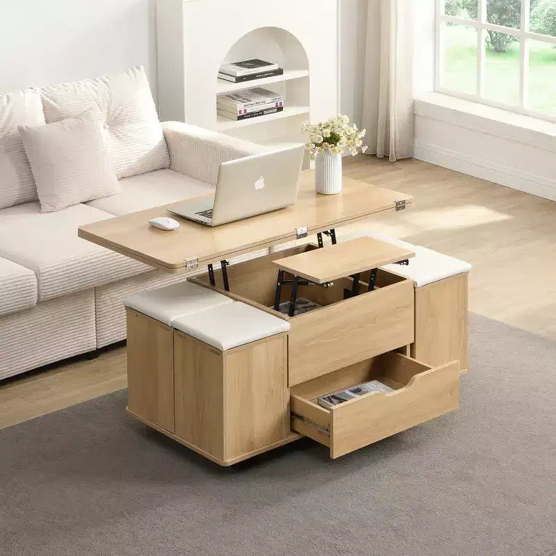 Multi-Function Modern Lift-Top Coffee Table with Hidden Storage, 4 Stools and Casters, Perfect for Modern Living Spaces
