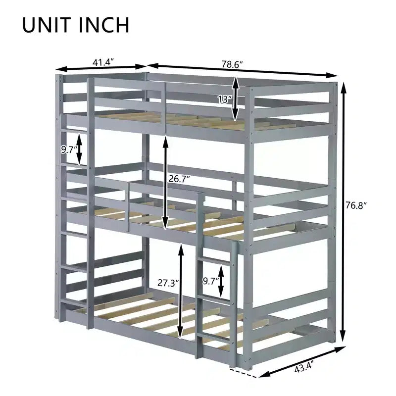 Rubberwood Detachable Triple Twin Bunk Bed with 2 Built-in Ladders and Guardrails