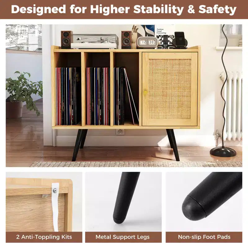 Costway Record Player Stand w/ Charging Station & Rattan Cabinet Adjustable Shelf