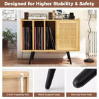 Costway Record Player Stand w/ Charging Station & Rattan Cabinet Adjustable Shelf