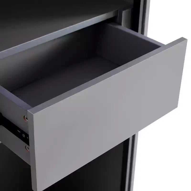 Lighted Display Cabinet LED Curio Cabinet Storage Cabinet with Tempered Glass Door, 2 Drawers, Adjustable Shelves, Modern Minimalist, Gray-ModernLuxe