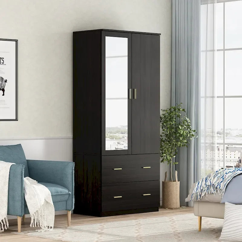 Armoire à deux portes avec miroir, blanc/brun foncé, 31,5L x 72H po – 31,5L x 72H po