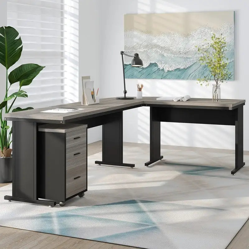 83 L-Shaped Executive Desk, Large L Office Desk with 3-Drawer Mobile File Cabinet, Business Furniture Desk Workstation