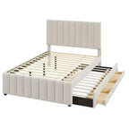 Full Size Upholstered Platform Bed with Twin Size Trundle and 3 Drawers, Linen Fabric, Beige