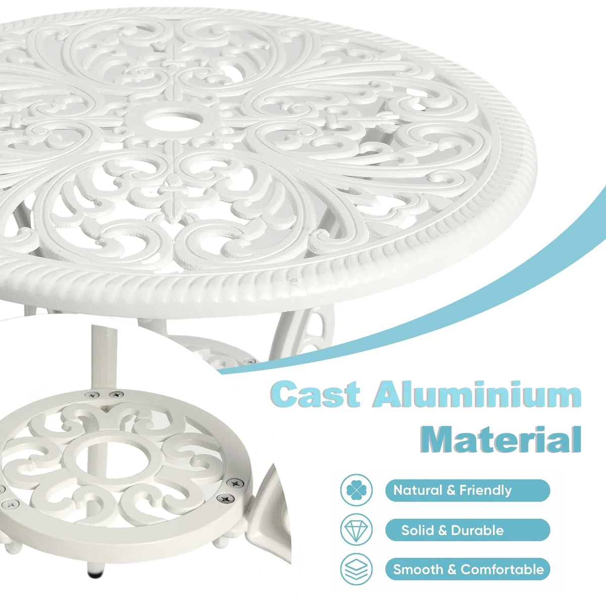 Ensemble de 3 pièces pour terrasse extérieure en aluminium avec table papillon, chaises et trou pour parasol