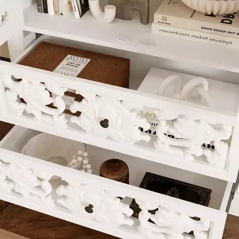 Famapy White Bookcase with Classic Aesthetics:Ornate Hollow Relief Doors & Versatile Storage