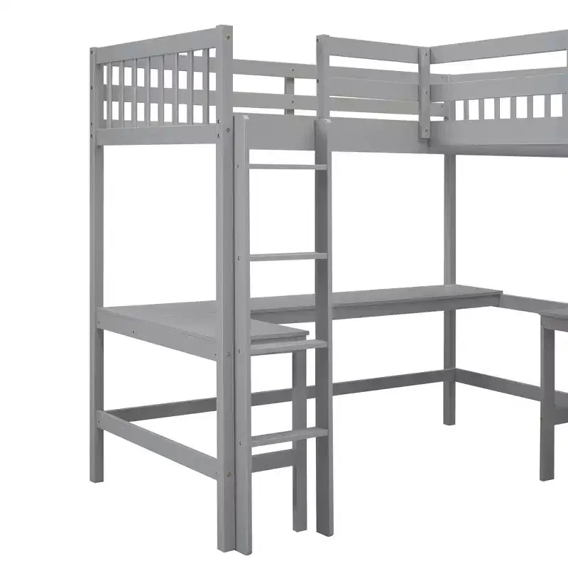 119''L 79.5''W Wood Twin Size L-Shaped Loft Bed with Ladder and 2 Built-in L-Shaped Desks