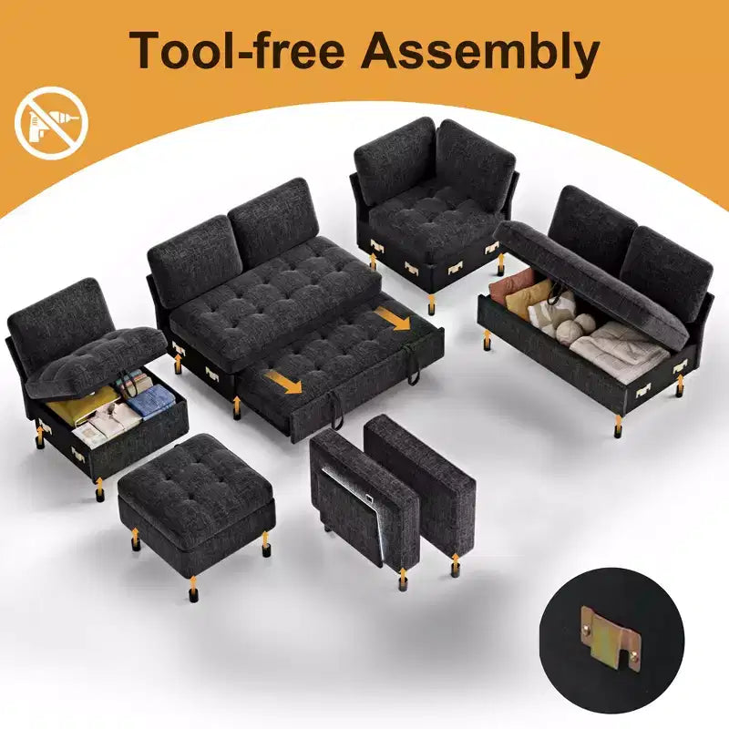 Dyonery 7-seater reclining sofa, modular sofa, side table with hidden storage, rechargeable