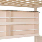 Full Over Full Modern Low Bunk Bed with Storage Lighted Shelves and Pegboard