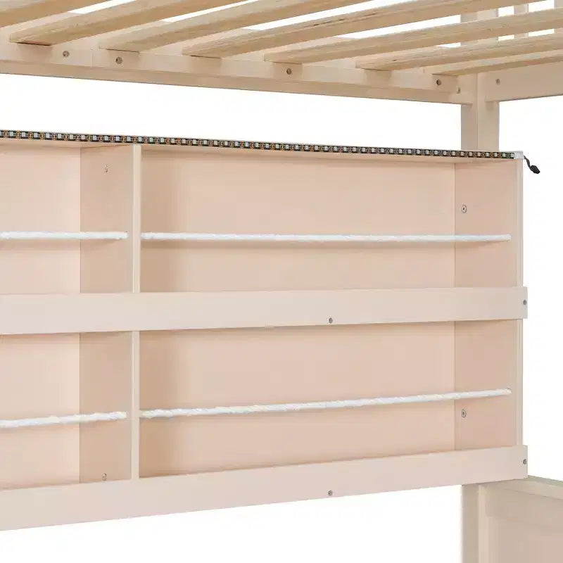 Full Over Full Modern Low Bunk Bed with Storage Lighted Shelves and Pegboard