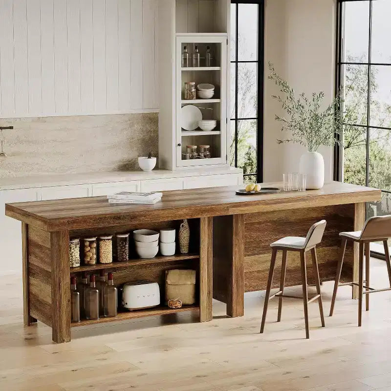 Lantine 55 Inches Kitchen Island with Storage, 3-Tier Wooden Stationary Island Table, Modern Bar Table with Storage Shelf for Kitchen, Rustic Brown