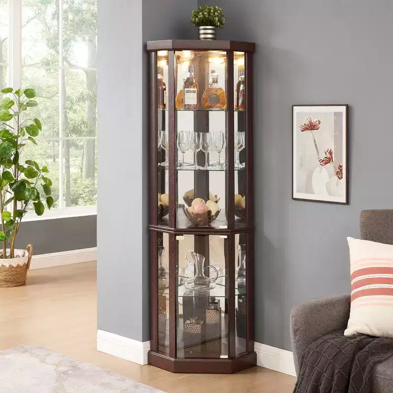 Corner Curio Cabinet with Glass Doors and Shelves, Corner Display Case for Living Room