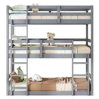 Rubberwood Detachable Triple Twin Bunk Bed with 2 Built-in Ladders and Guardrails