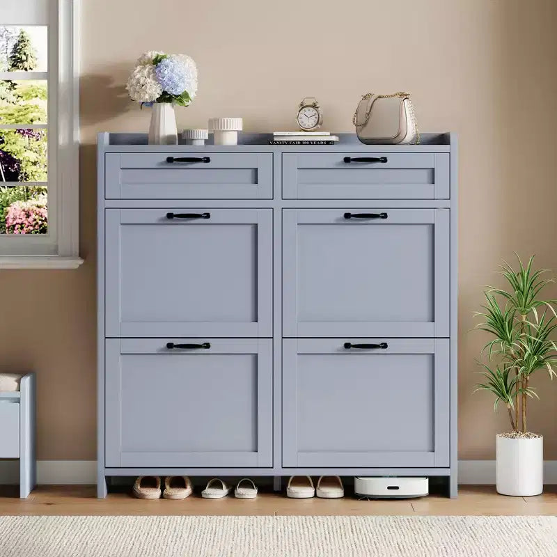 Shoe Cabinet with 4 Flip Drawers & 2 Top Drawers, Wooden Shoe Organizer Cabinet with Adjustable Shelf, Freestanding Shoe Storage Cabinets