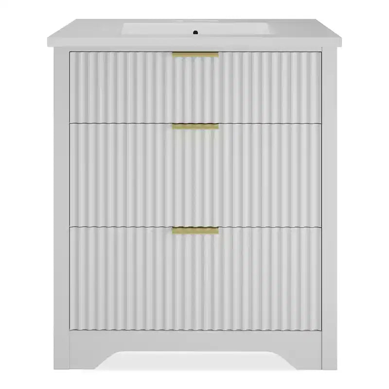 Modern Fluted Bathroom Vanity Set with Integrated Ceramic Basin Freestanding Bathroom Storage Vanity Cabinet with 3 Drawers for Contemporary Bathroom