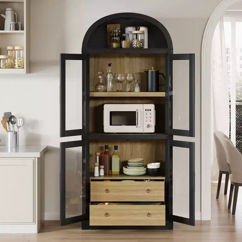 GustoWave 71.4 Tall Arched Bookcase with 4 Doors and 2 Drawers, 15.8 Depth Display Cabinet Storage Shelves ,Wooden Bookshelf