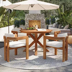 ModernLuxe 5pcs Outdoor Acacia Wood Round Dining Table Set, 47 Patio Table with 4 Cushioned Barrel Chairs for Garden/Patio/Backyard