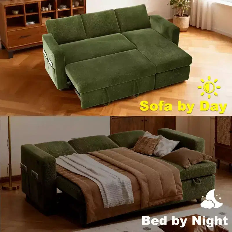Dyonery 2 in 1 Pull Out Sleeper Sofa with Storage Chaise C Chenille Sectional Couch with USB Ports for Living Room