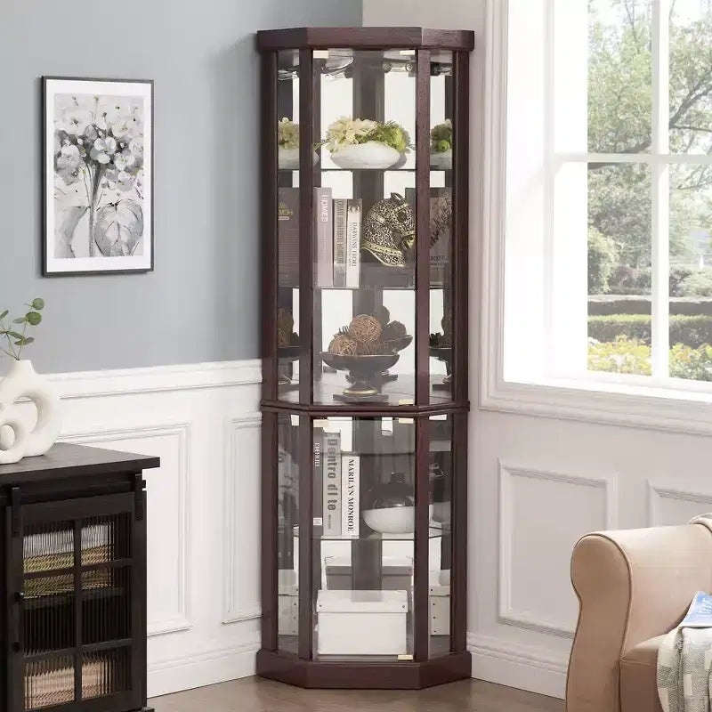 Corner Curio Cabinet with Glass Doors and Shelves, Corner Display Case for Living Room