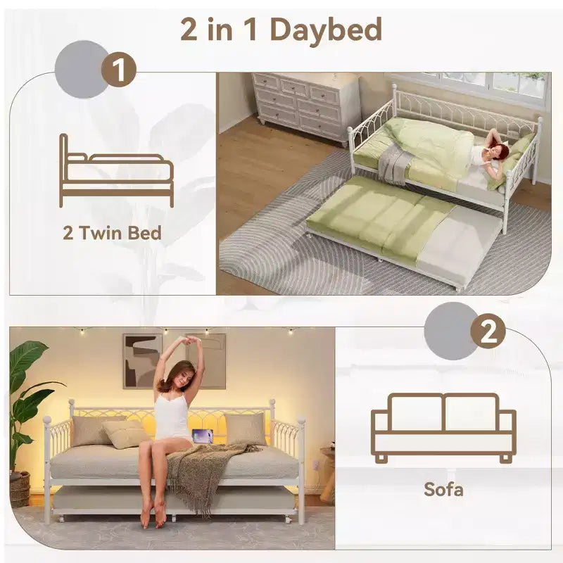 Twin Daybed with Trundle,with Charging Station & LED Lights,Metal Sofa Bed Frame with Pull Out Trundle for Living Room,Bedroom,Guest Room,Apartment