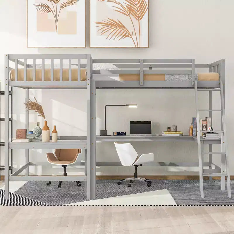119''L 79.5''W Wood Twin Size L-Shaped Loft Bed with Ladder and 2 Built-in L-Shaped Desks