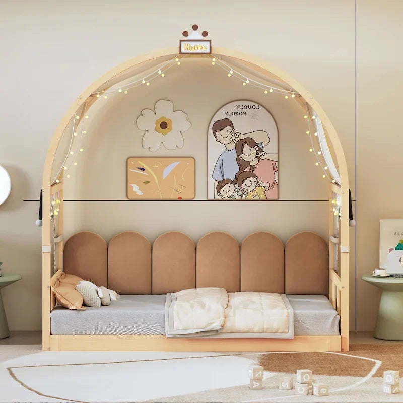 Solid Wood Playhouse Platform Bed Floor Montessori Bed Frame with Arched Roof and Trundle for Girls and Boys