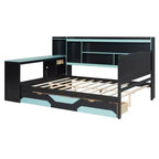 Full/Queen Gaming Daybed with Bookcase Headboard, LED Lights, Integrated Desk, Drawers and Charging Station