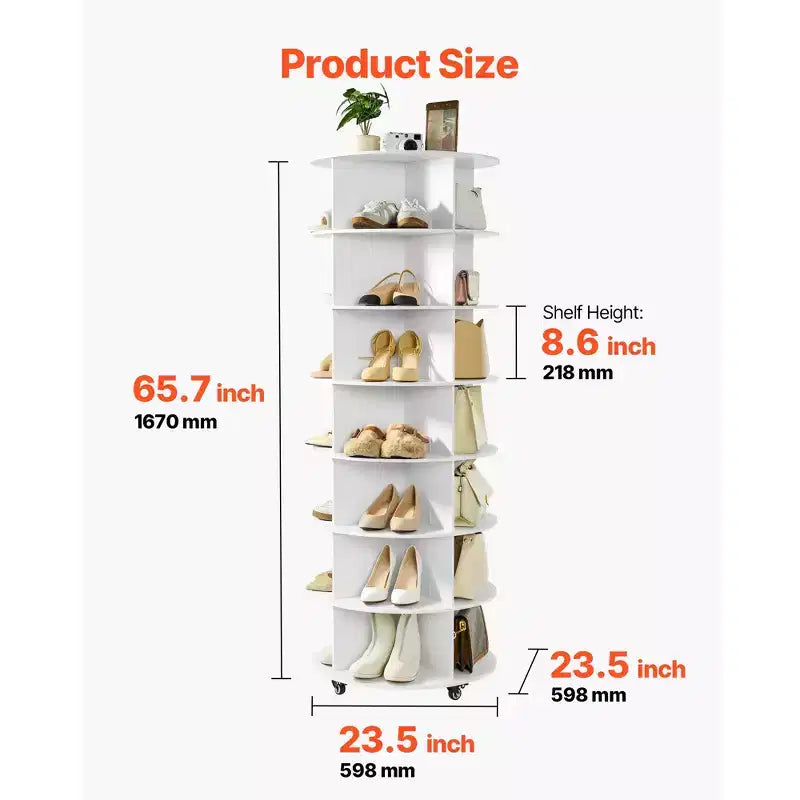 VEVOR 7 Tiers Rotating Shoe Rack Tower with Wheels, Movable 360 Spinning Carousel Display, Lazy Susan Organizer Closet Shelf, White