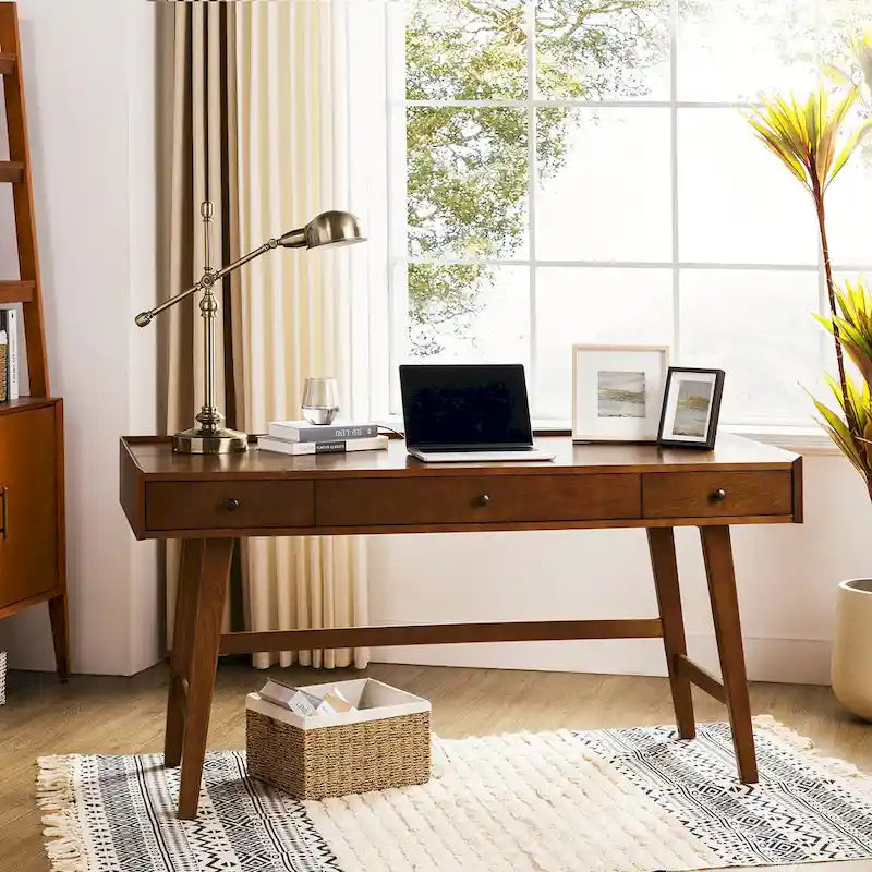 Mid-century Office Desk with Drawer Divider&Cable Management&Charging Station