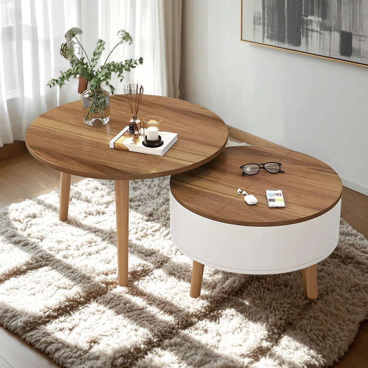 Black White Modern Round Wood Coffee Table with Storage