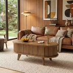 JVNOXK Fluted Lift Top Coffee Table with Hidden Compartment, Wooden Center Table, Modern Oval Lift Tabletop for Home Living Room Office, Walnut